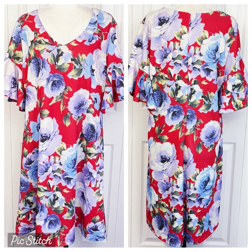 Marc Bouwer Colorful Red Floral Scuba Knit Ruffle Short Sleeve Dress 1X